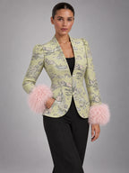 Women's Faux Fur Trim Jacket – Cropped Tailored in Sage Brocade — alternate view