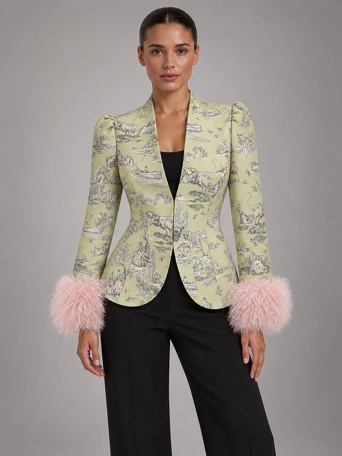Women's Faux Fur Trim Jacket – Cropped Tailored in Sage Brocade — front view