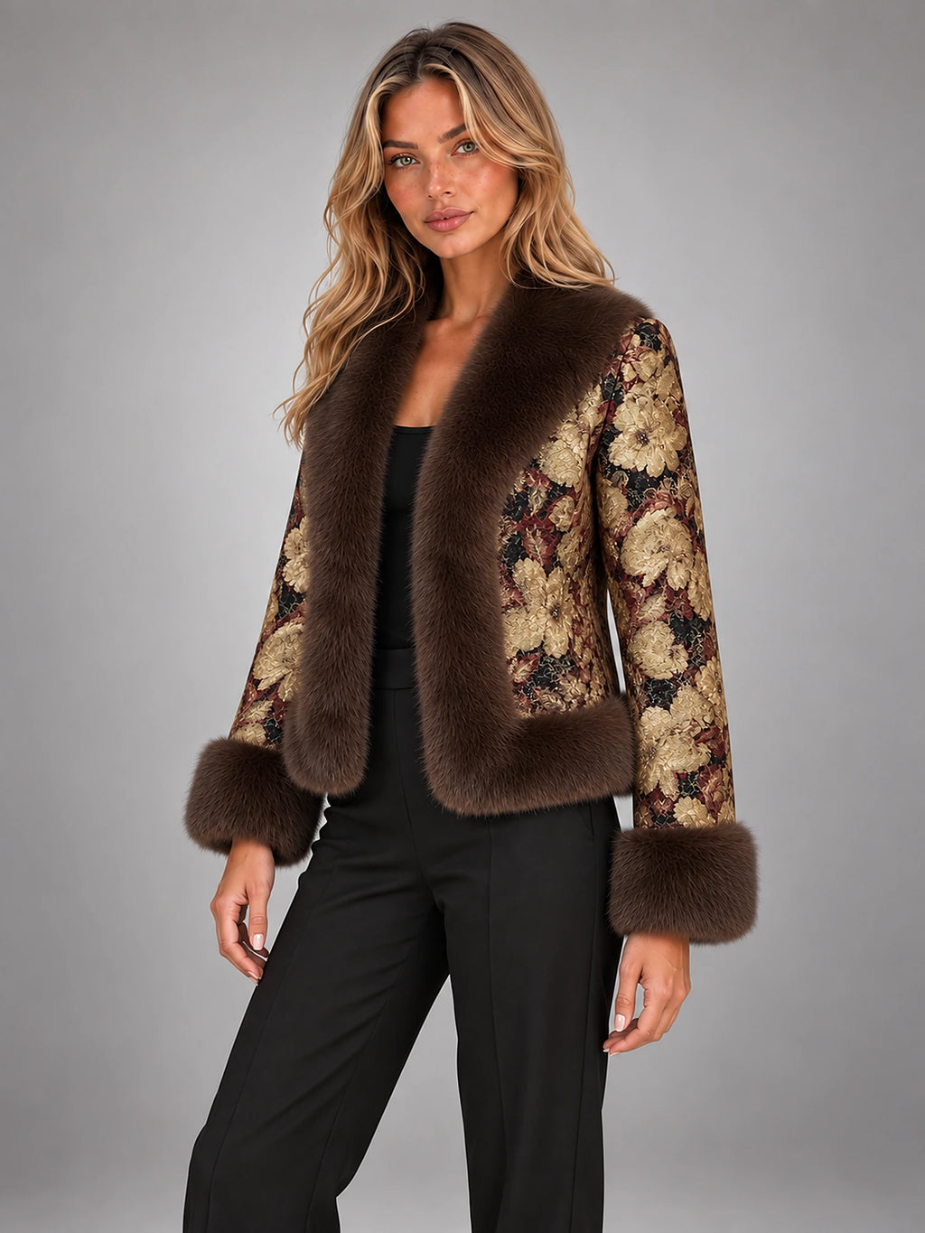 Women's Faux Fur Trim Jacket – Cropped Tailored in Brown Brocade — alternate view