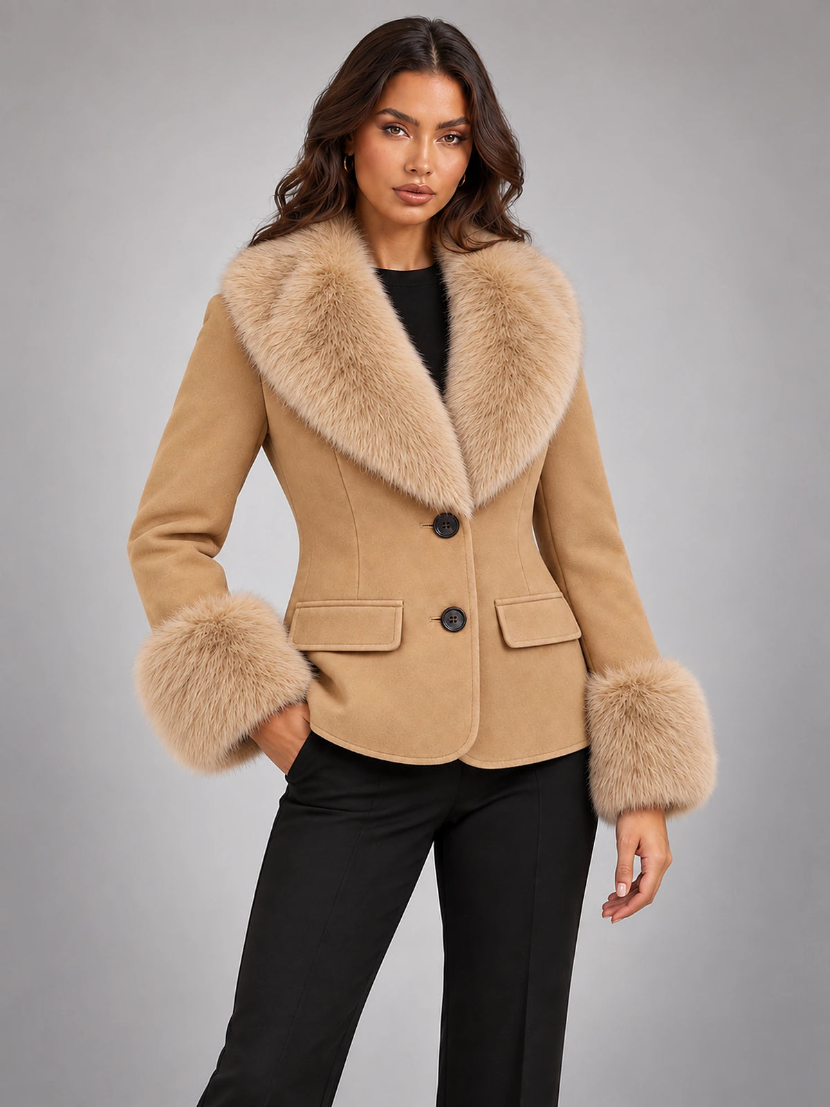 Women's Faux Fur Trim Jacket – Cropped Tailored in Camel — alternate view
