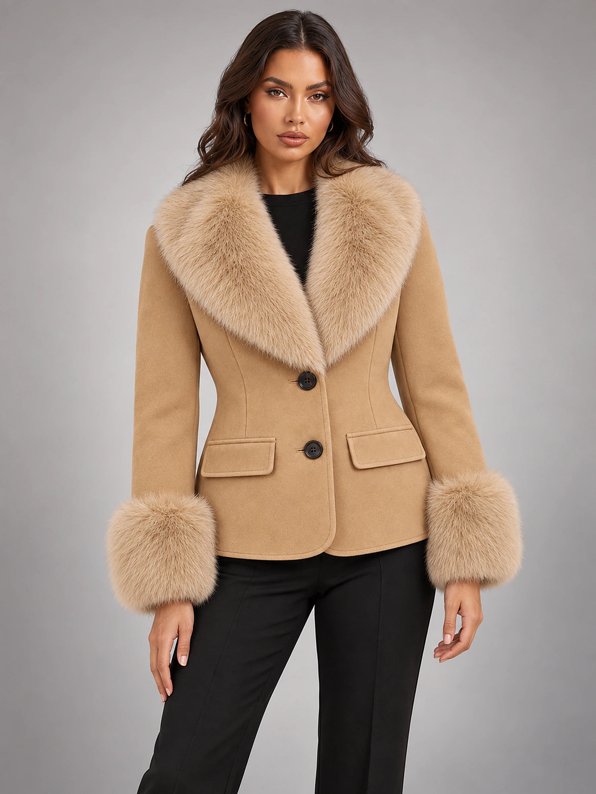 Women's Faux Fur Trim Jacket – Cropped Tailored in Camel — front view