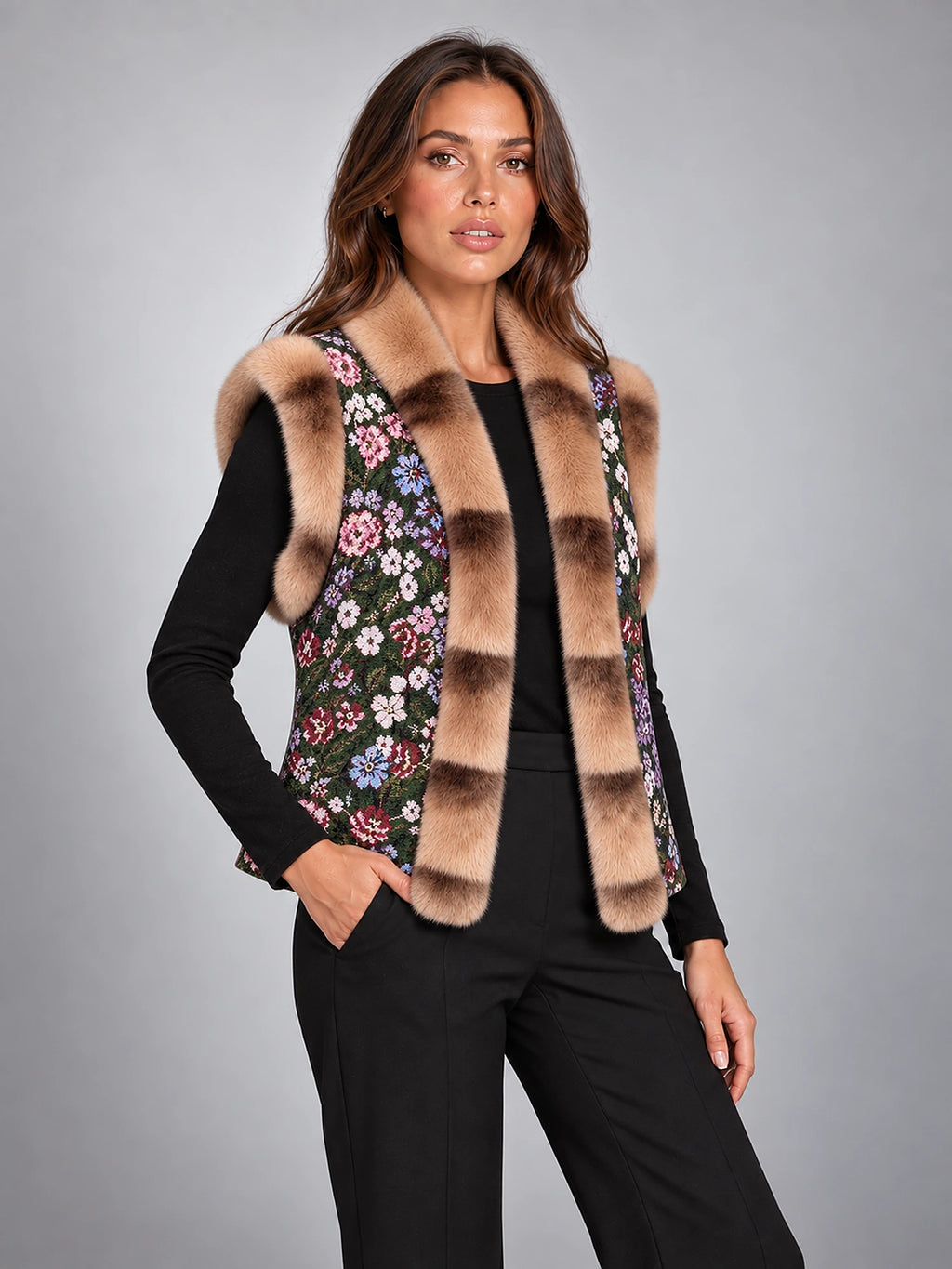 Women's Floral Print Gilet – Faux Fur Trim in Dark Floral — alternate view