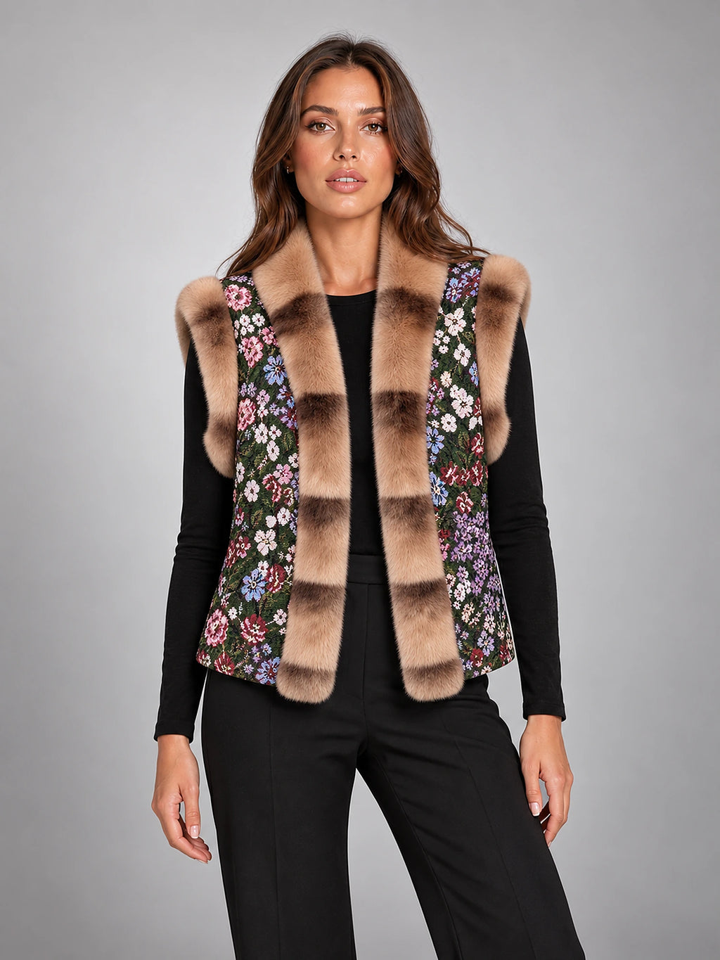 Women's Floral Print Gilet – Faux Fur Trim in Dark Floral — front view