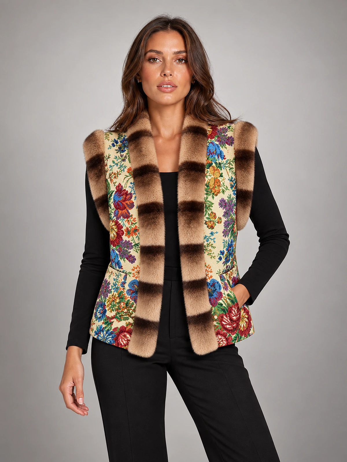 Women's Floral Print Gilet – Faux Fur Trim in Yellow Floral — front view