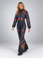 Women's Floral Print Ski Jumpsuit – Stand Collar Zip in Navy Floral — alternate view