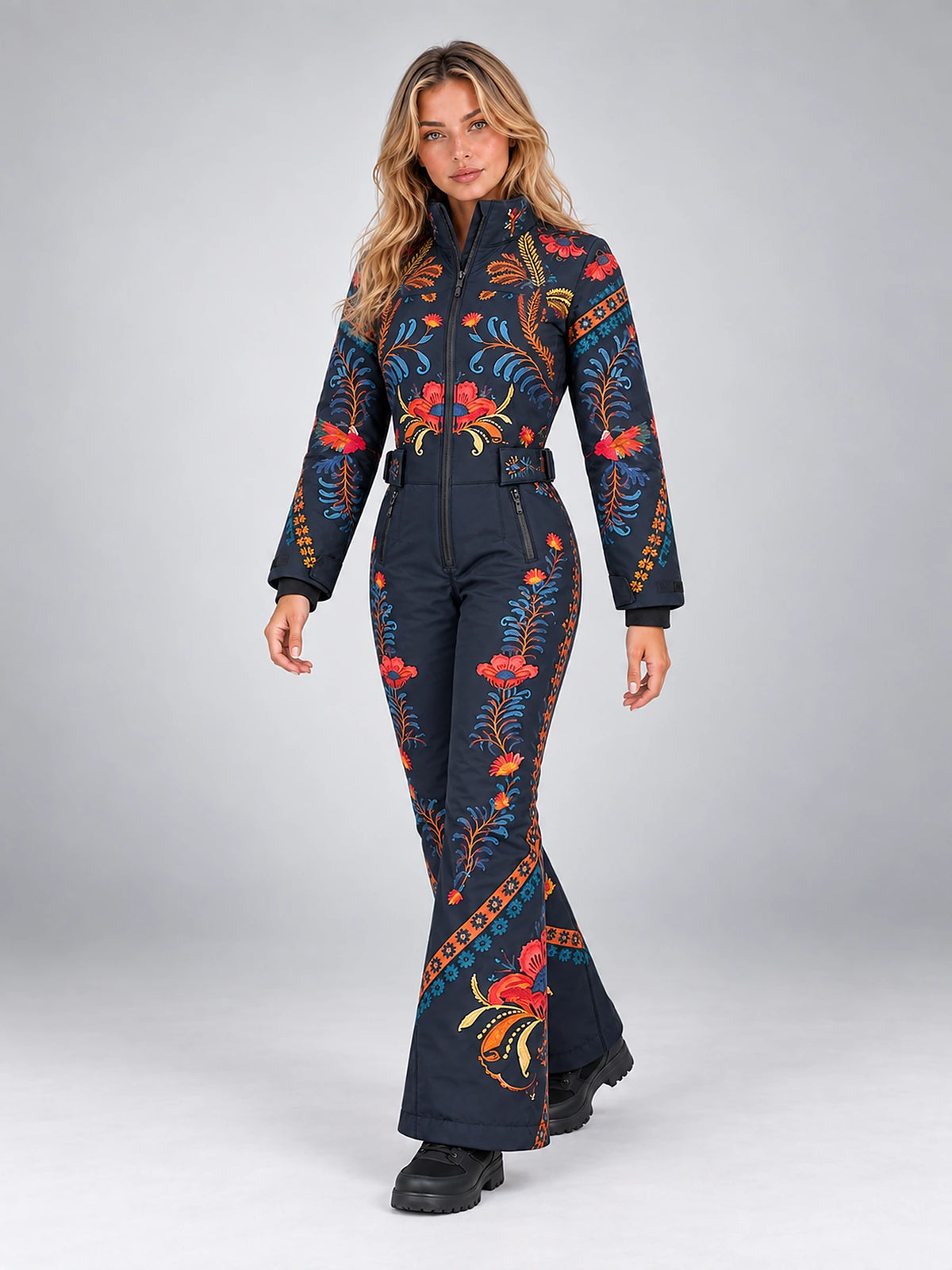 Women's Floral Print Ski Jumpsuit – Stand Collar Zip in Navy Floral — alternate view