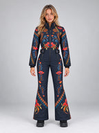 Women's Floral Print Ski Jumpsuit – Stand Collar Zip in Navy Floral — front view