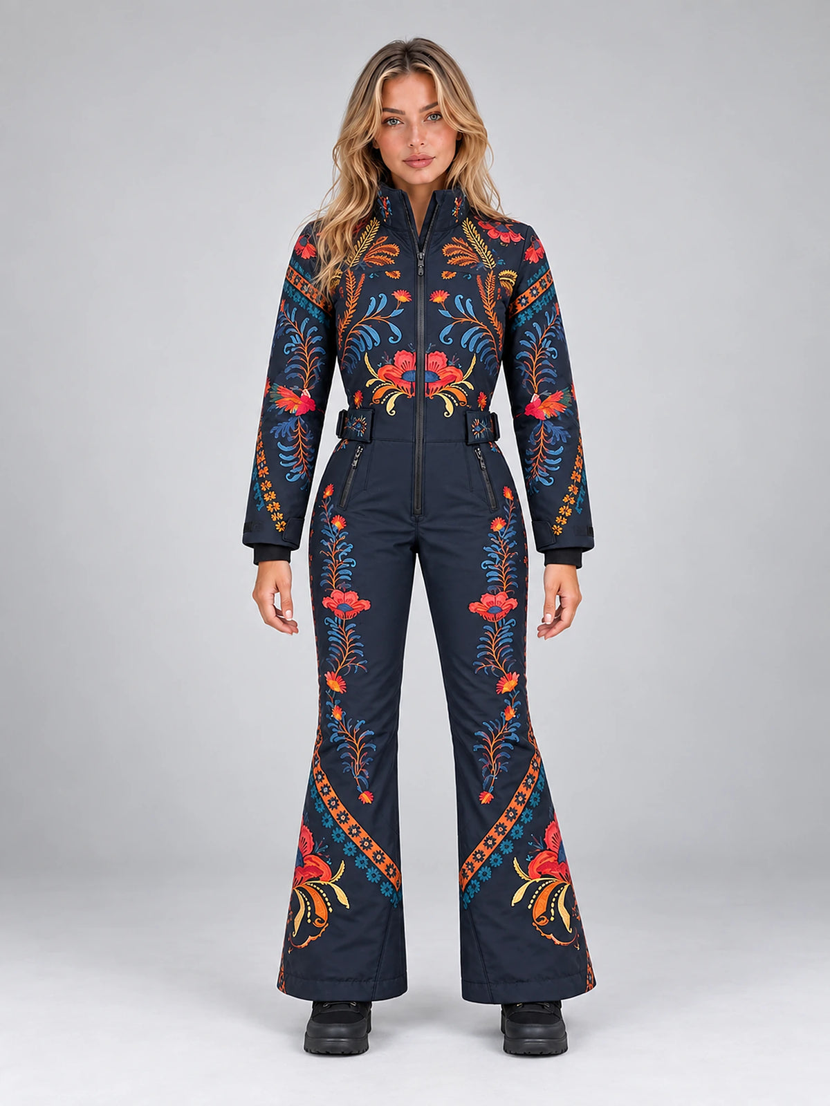 Women's Floral Print Ski Jumpsuit – Stand Collar Zip in Navy Floral — front view