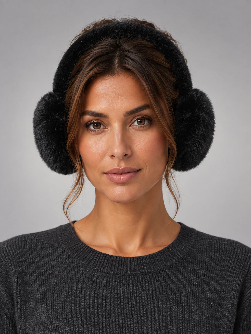 Women's Foldable Earmuffs – Adjustable Plush in Black — front view
