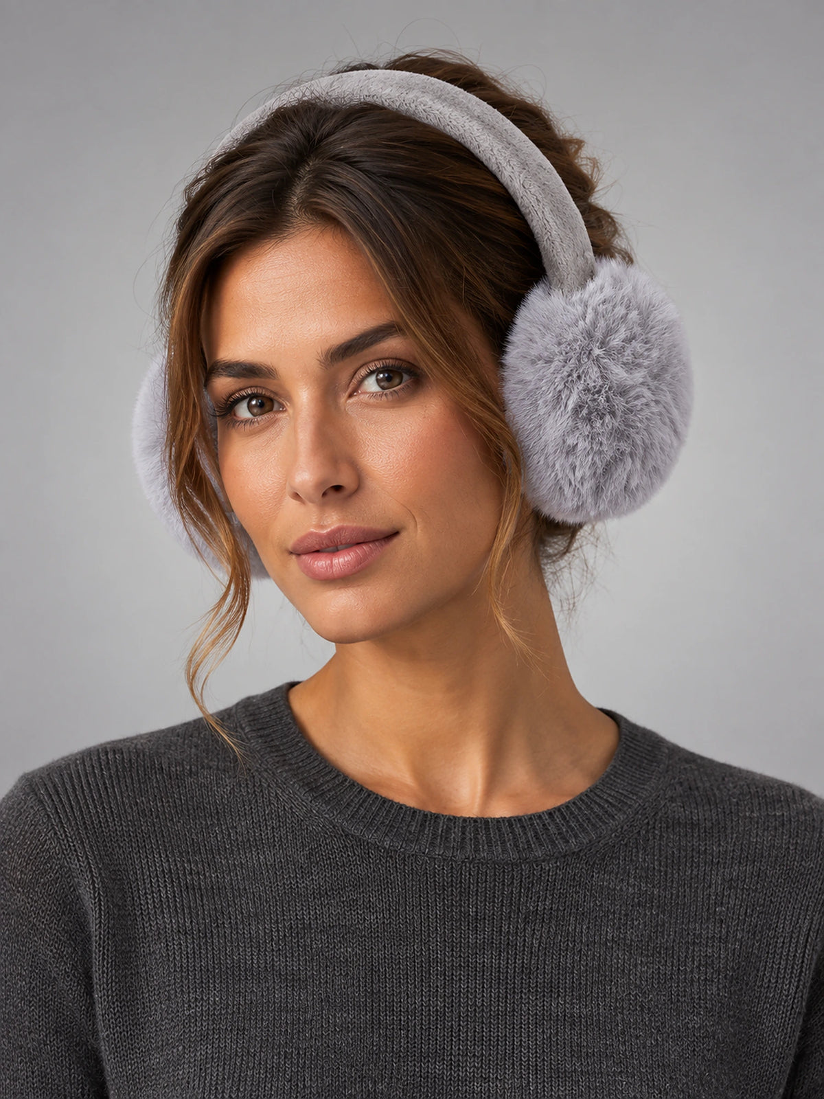 Women's Foldable Earmuffs – Adjustable Plush in Grey — front view