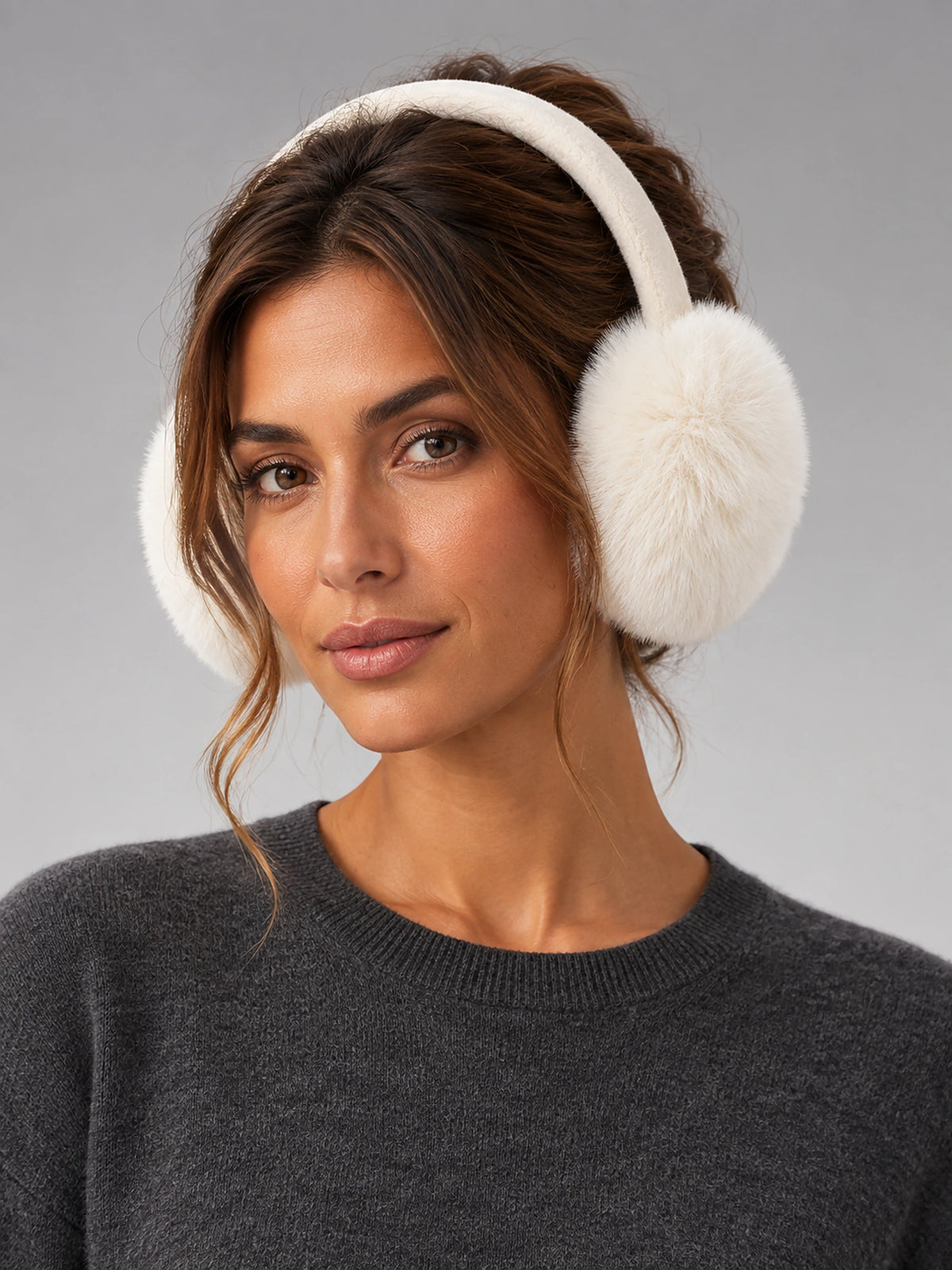 Women's Foldable Earmuffs – Adjustable Plush in White — front view