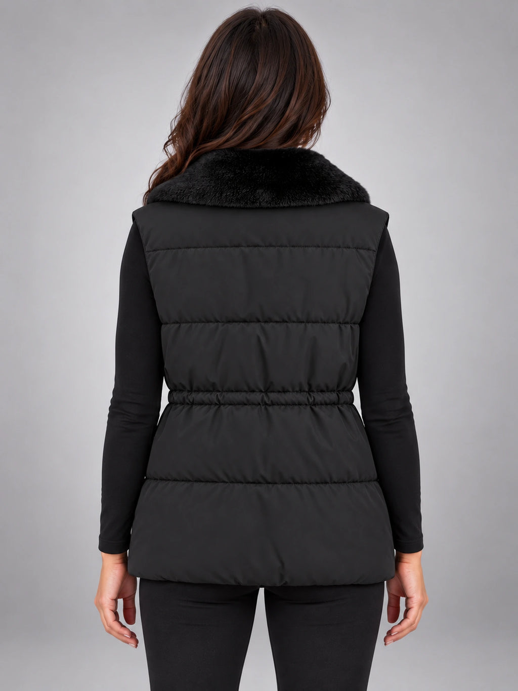 Women's Fur Collar Down Gilet – Cinched Waist in Black — back view