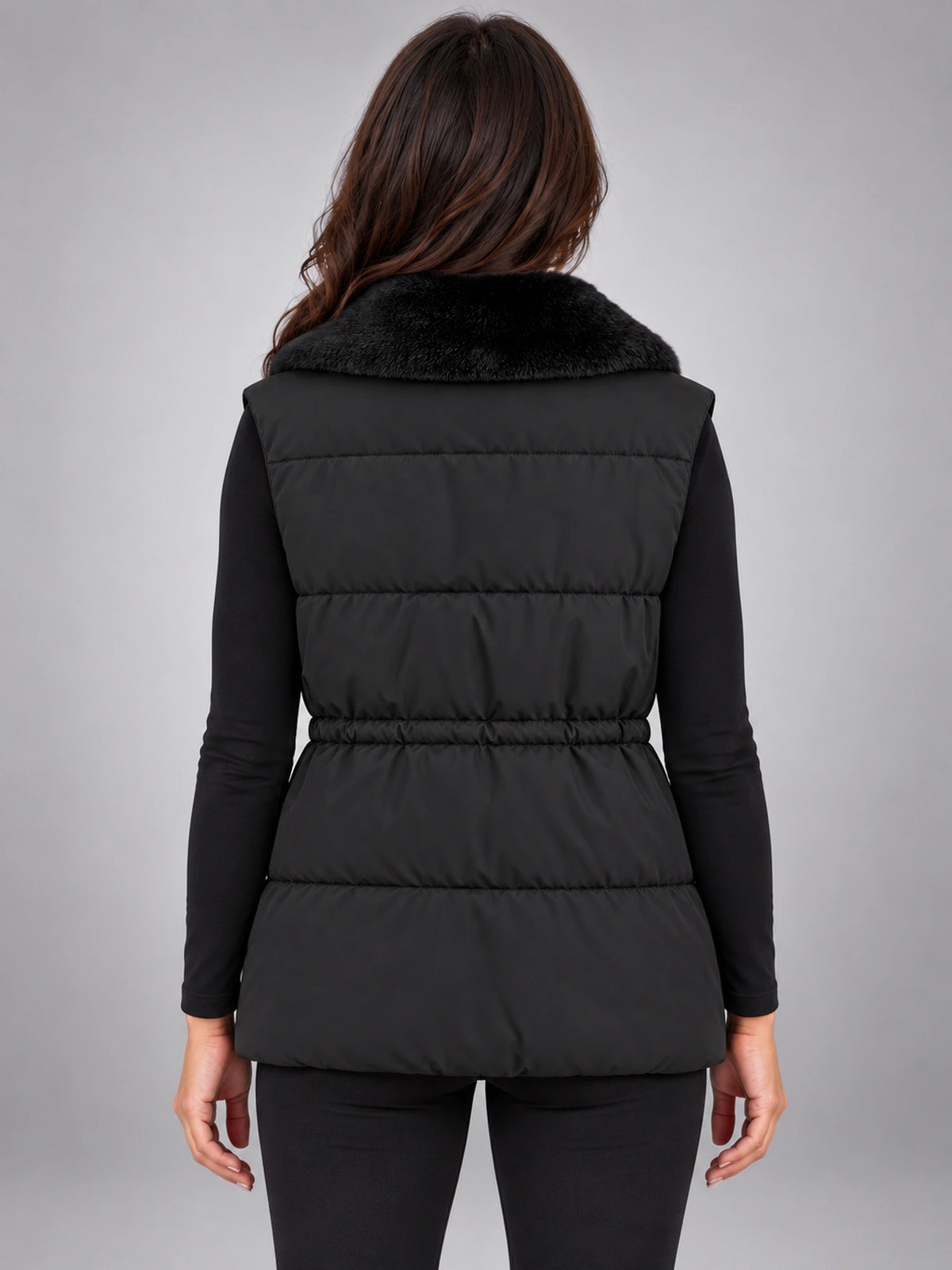Women's Fur Collar Down Gilet – Cinched Waist in Black — back view