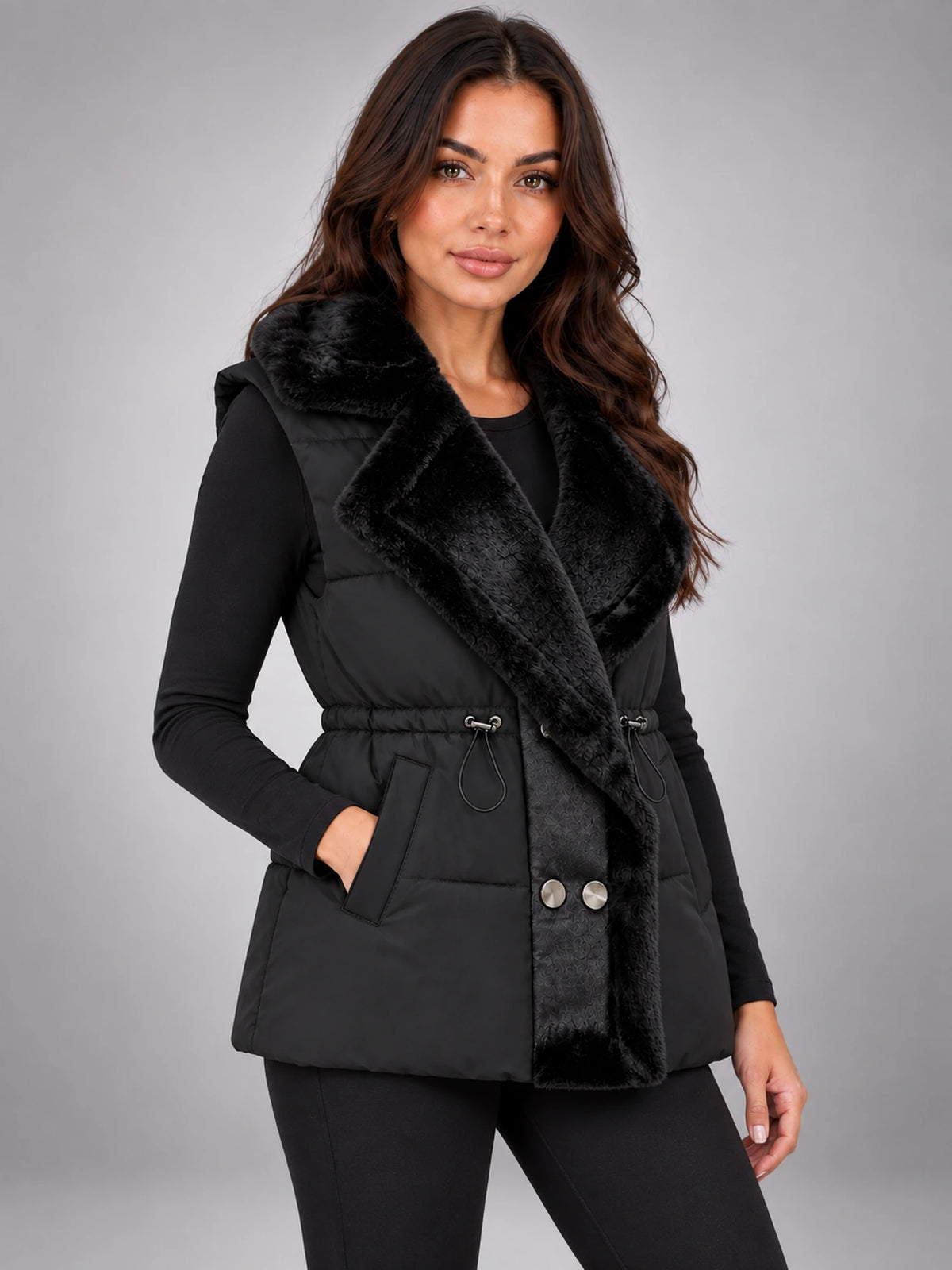 Women's Fur Collar Down Gilet – Cinched Waist in Black — alternate view