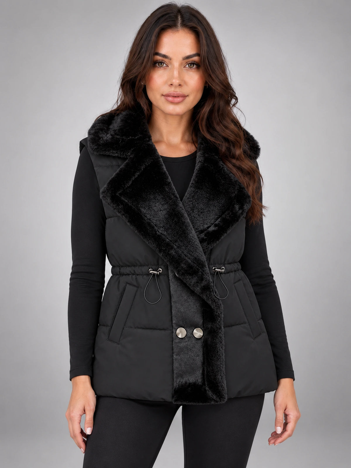 Women's Fur Collar Down Gilet – Cinched Waist in Black — front view