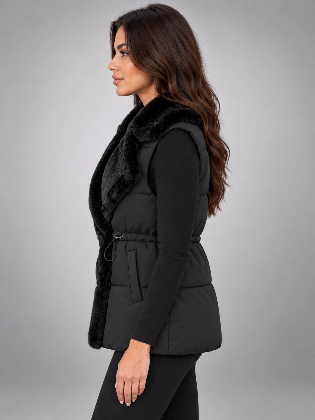 Women's Fur Collar Down Gilet – Cinched Waist in Black — side view