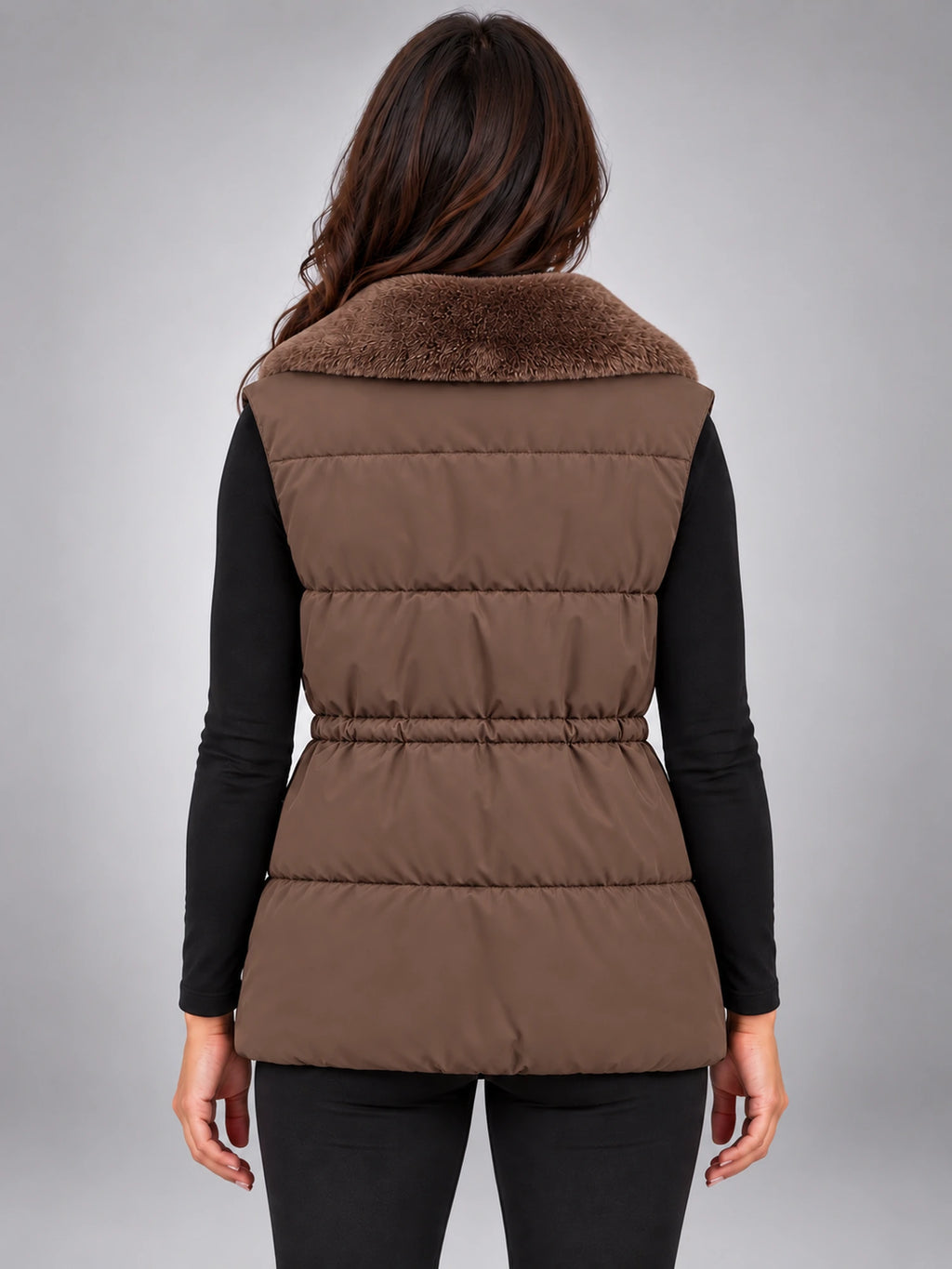 Women's Fur Collar Down Gilet – Cinched Waist in Coffee — back view