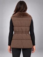 Women's Fur Collar Down Gilet – Cinched Waist in Coffee — back view