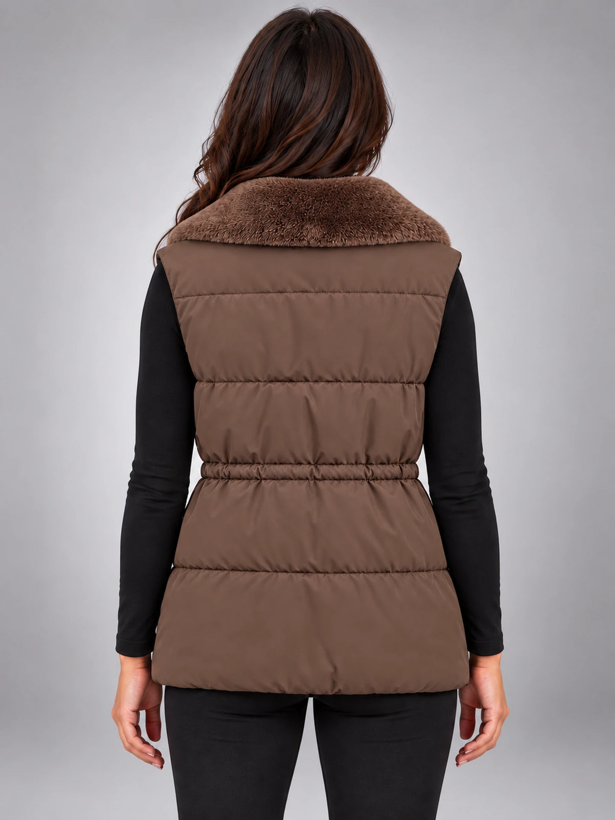 Women's Fur Collar Down Gilet – Cinched Waist in Coffee — back view