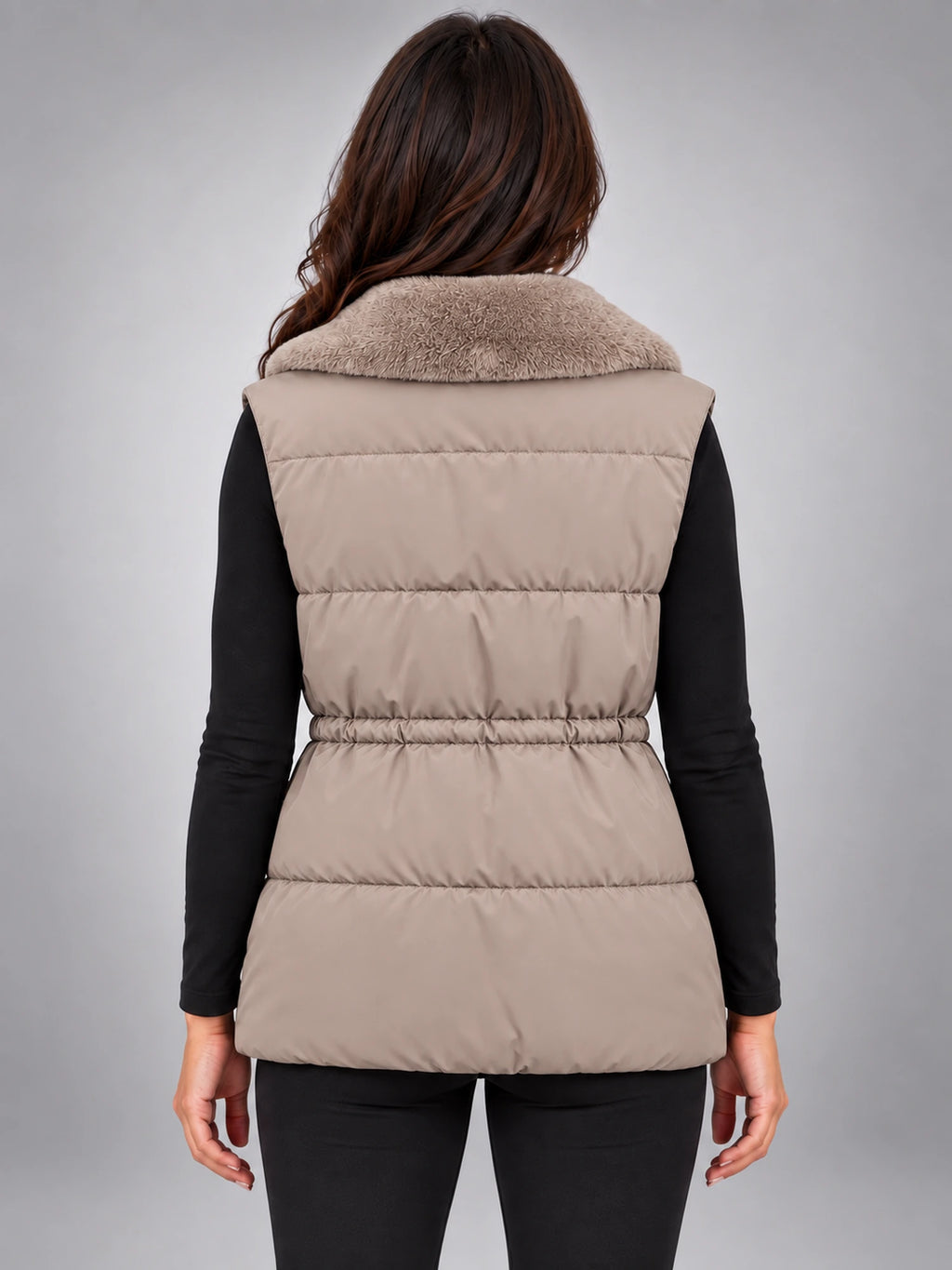 Women's Fur Collar Down Gilet – Cinched Waist in Taupe — back view