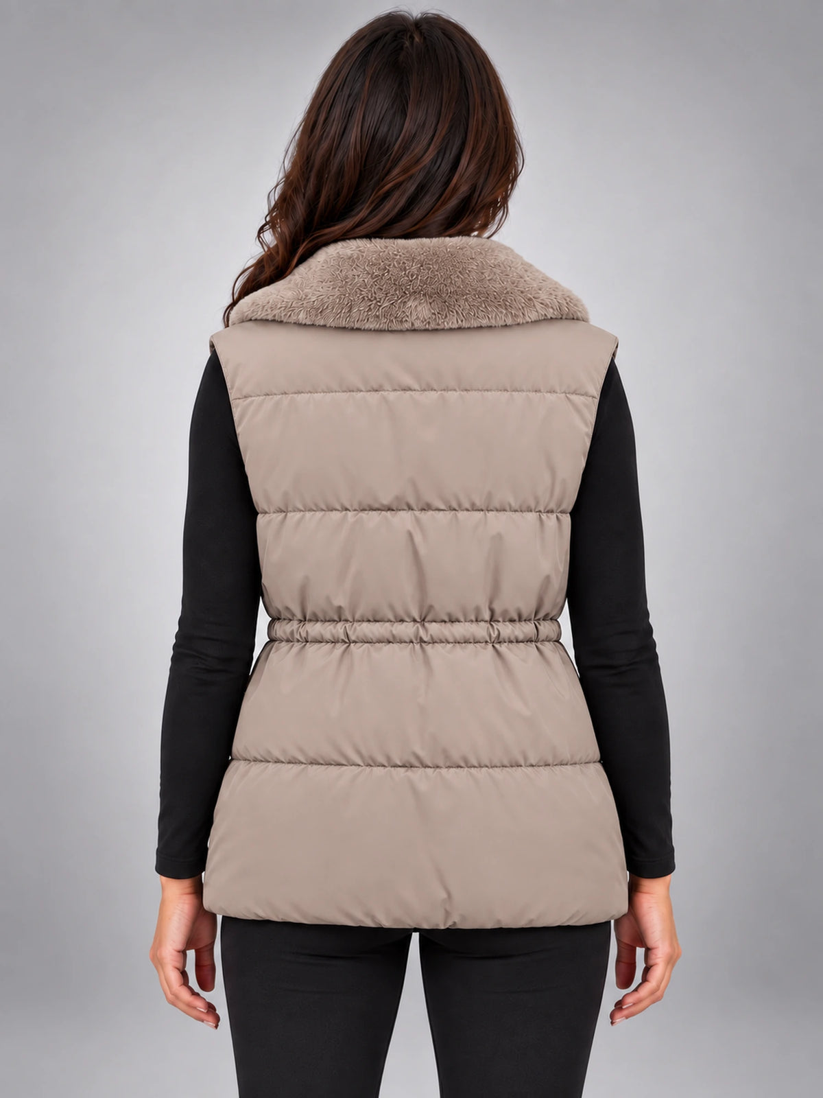 Women's Fur Collar Down Gilet – Cinched Waist in Taupe — back view