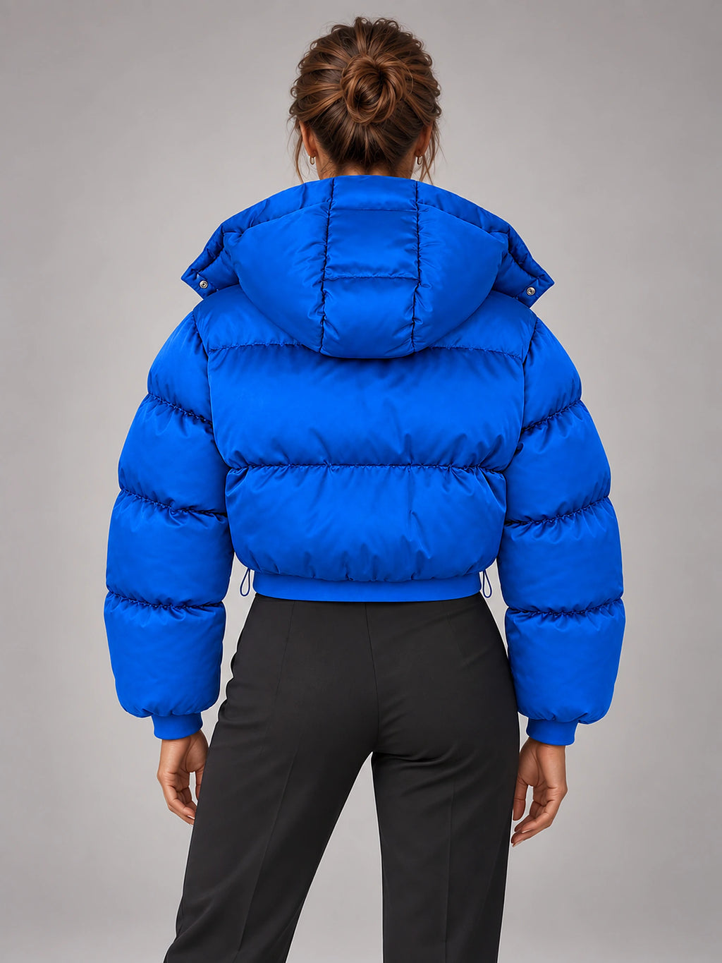 Women's Cropped Hooded Puffer Jacket – Padded in Cobalt Blue — back view