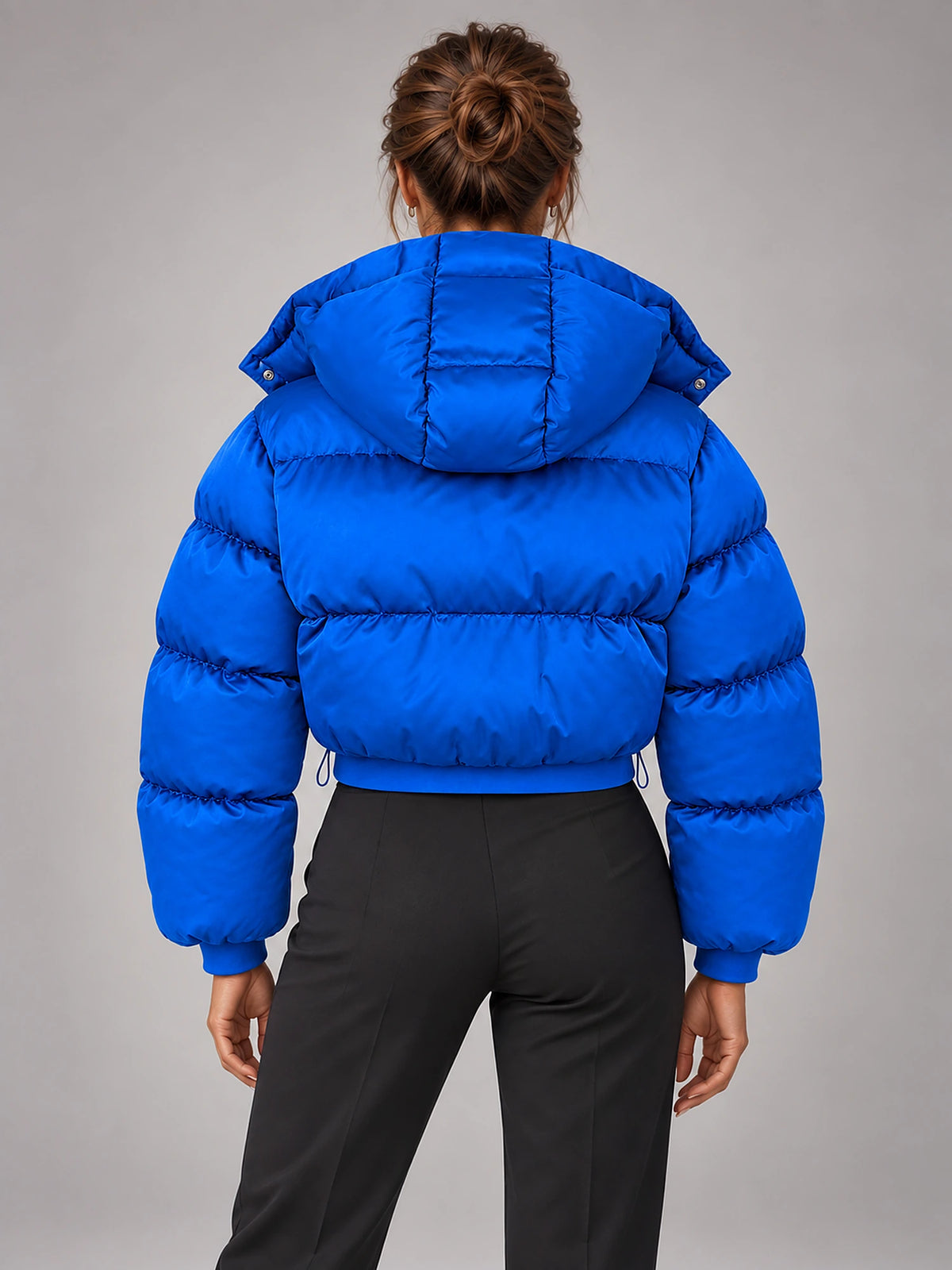 Women's Cropped Hooded Puffer Jacket – Padded in Cobalt Blue — back view