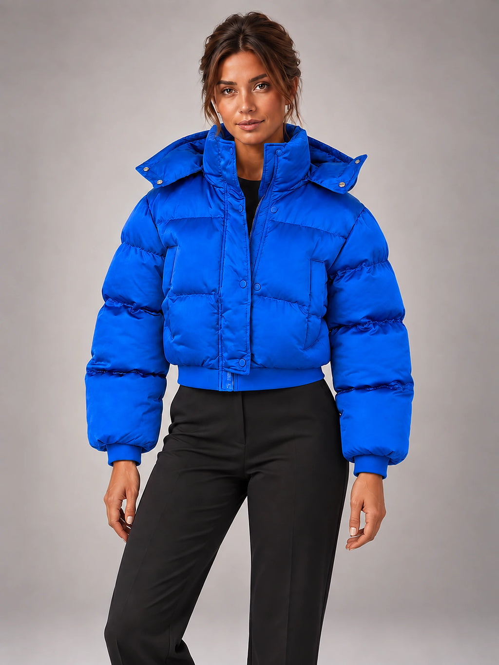 Women's Cropped Hooded Puffer Jacket – Padded in Cobalt Blue — alternate view