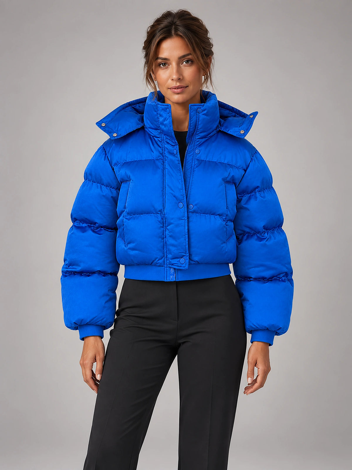 Women's Cropped Hooded Puffer Jacket – Padded in Cobalt Blue — front view