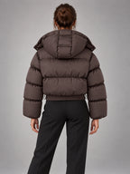 Women's Cropped Hooded Puffer Jacket – Padded in Chocolate Brown — back view