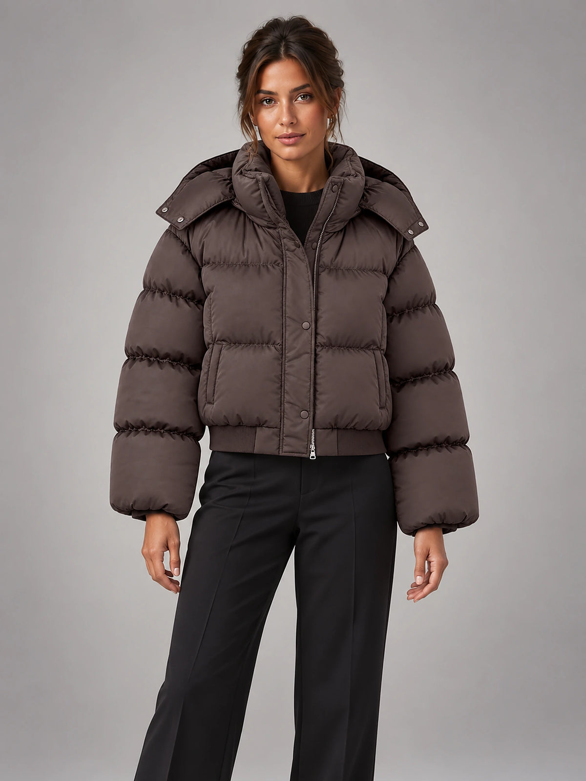 Women's Cropped Hooded Puffer Jacket – Padded in Chocolate Brown — front view