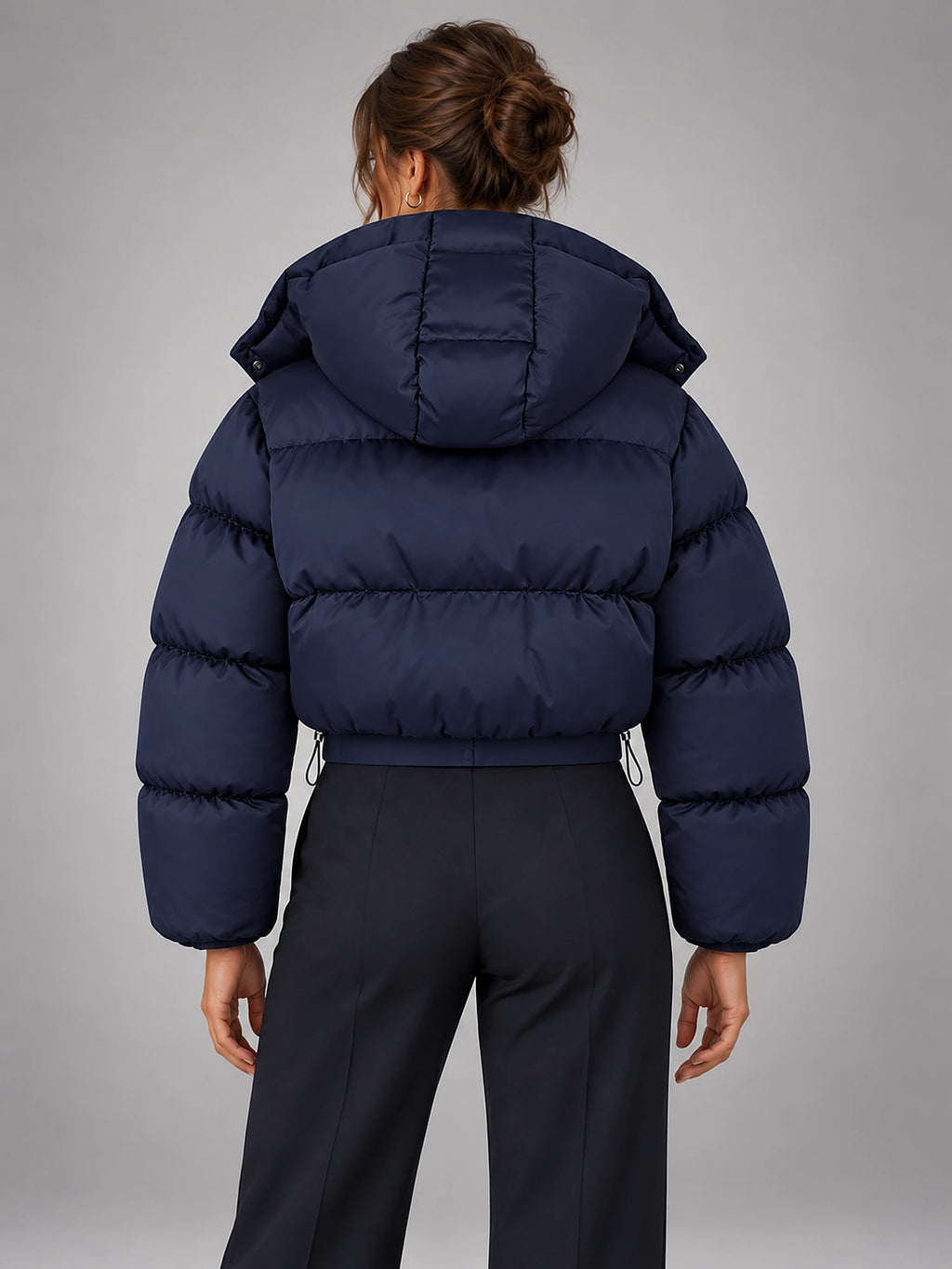 Women's Cropped Hooded Puffer Jacket – Padded in Navy — back view
