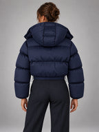 Women's Cropped Hooded Puffer Jacket – Padded in Navy — back view