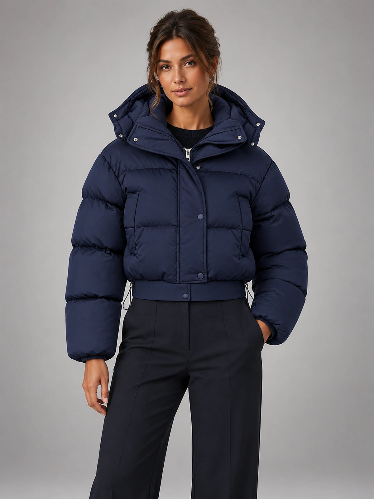 Women's Cropped Hooded Puffer Jacket – Padded in Navy — front view