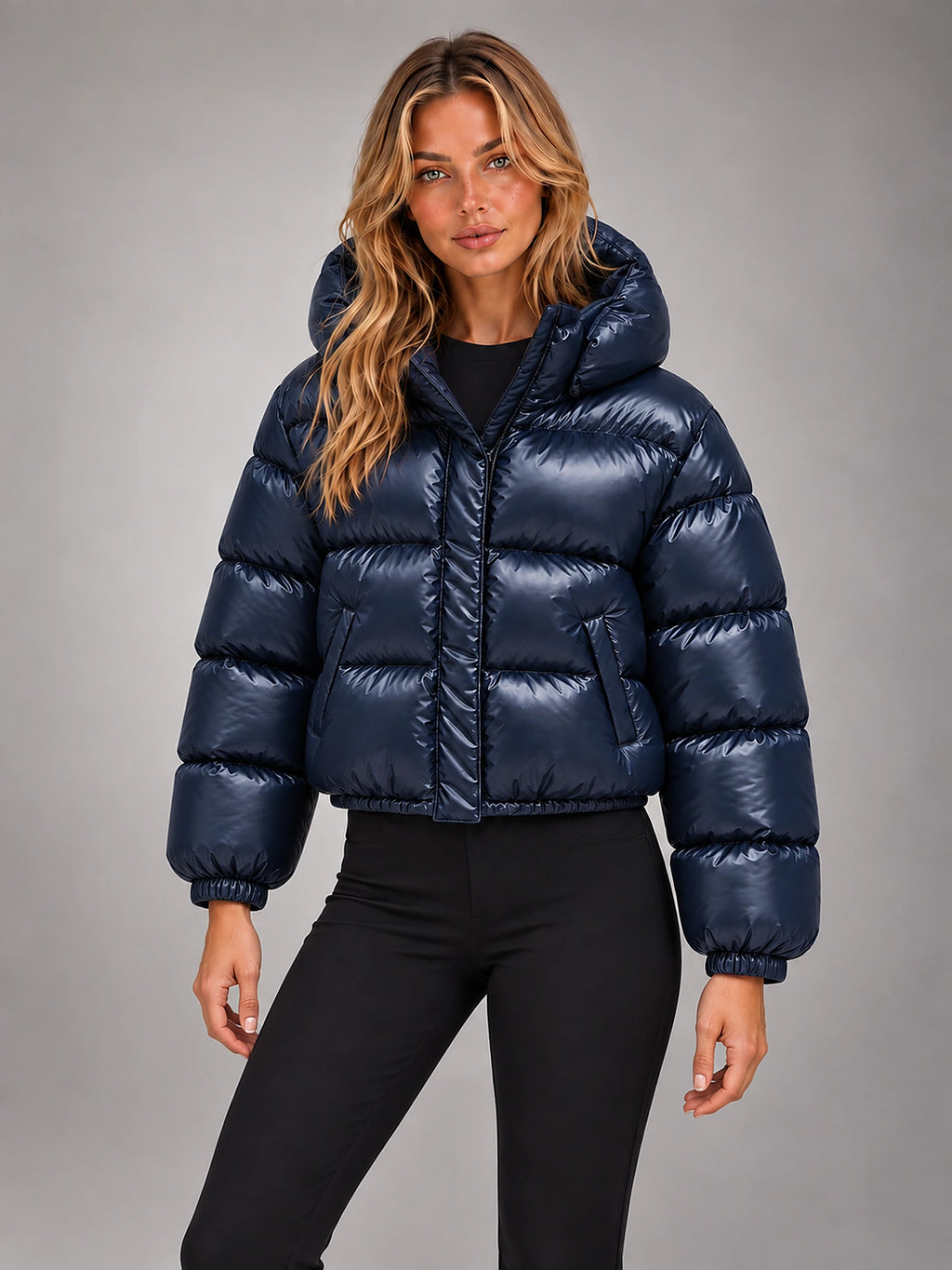 Women's Cropped Hooded Puffer Jacket – Padded in Glossy Navy — alternate view