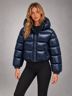 Women's Cropped Hooded Puffer Jacket – Padded in Glossy Navy — alternate view