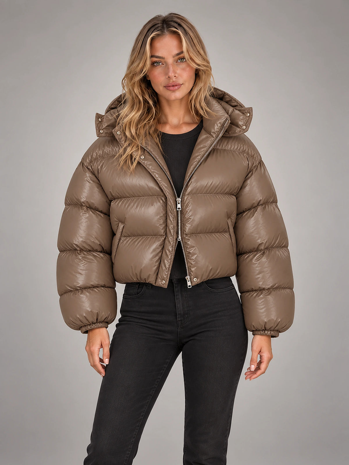 Women's Cropped Hooded Puffer Jacket – Padded in Glossy Khaki — front view