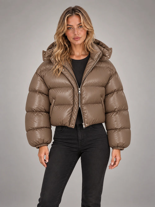 Women's Cropped Hooded Puffer Jacket – Padded in Glossy Khaki — front view