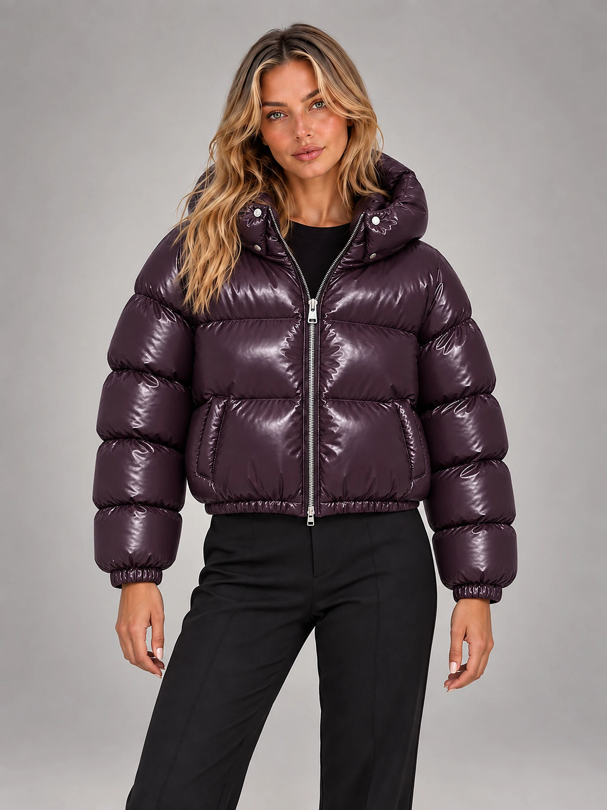 Women's Cropped Hooded Puffer Jacket – Padded in Glossy Plum — front view