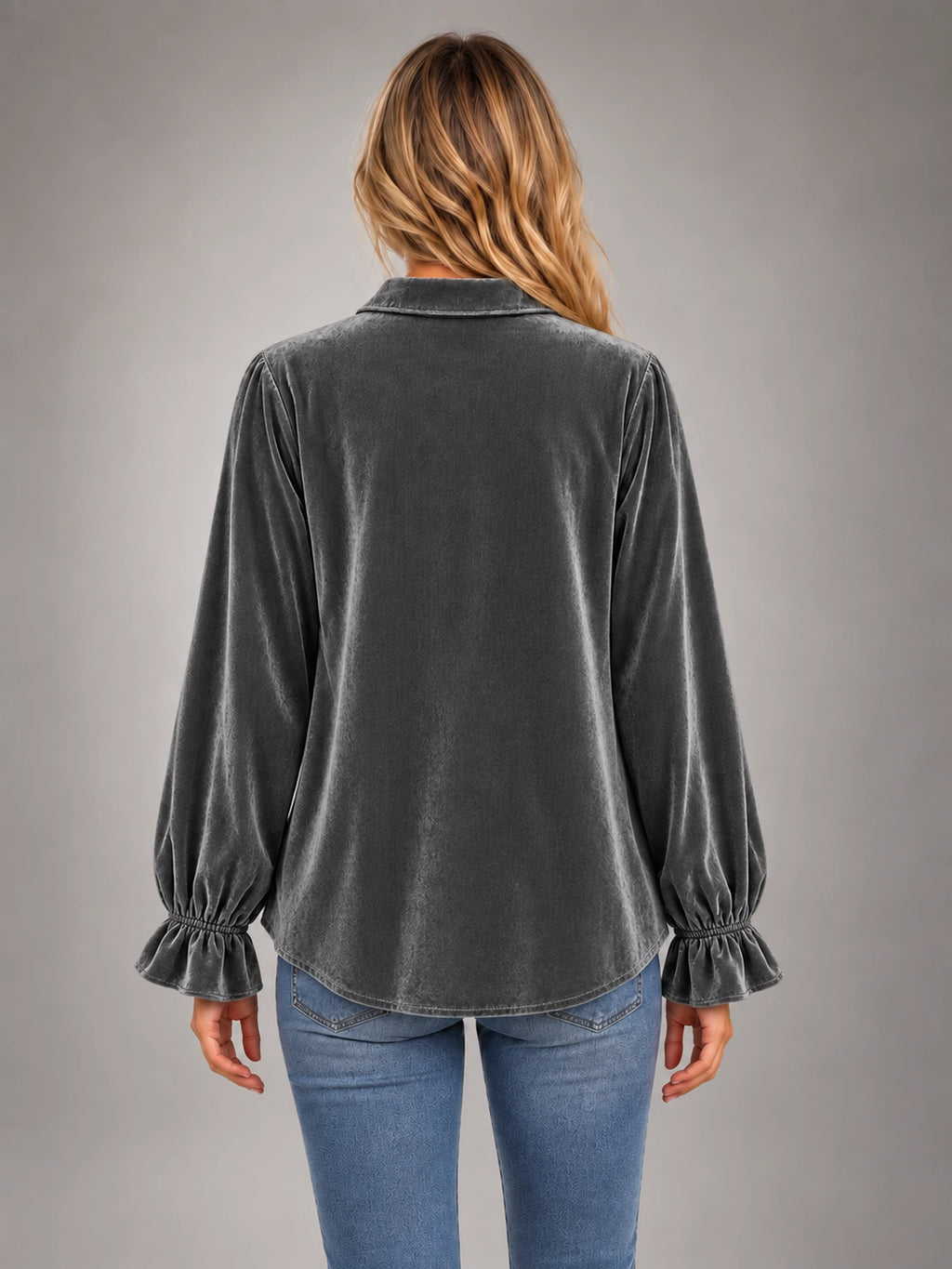 Women's Grey Velvet Ruffle Blouse – Collared Long Sleeve in Charcoal Grey — back view