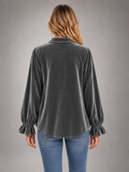 Women's Grey Velvet Ruffle Blouse – Collared Long Sleeve in Charcoal Grey — back view