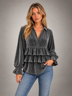 Women's Grey Velvet Ruffle Blouse – Collared Long Sleeve in Charcoal Grey — alternate view