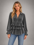 Women's Grey Velvet Ruffle Blouse – Collared Long Sleeve in Charcoal Grey — front view