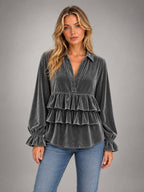 Women's Grey Velvet Ruffle Blouse – Collared Long Sleeve in Charcoal Grey — front view