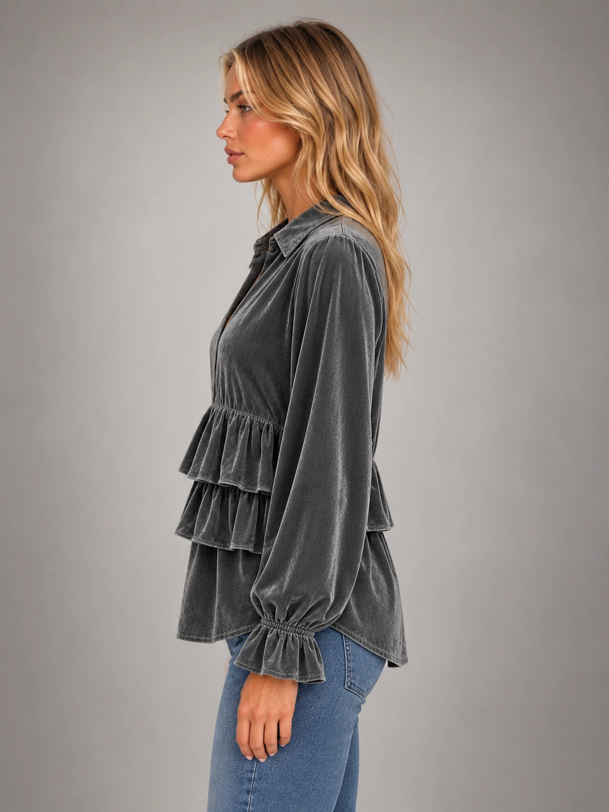 Women's Grey Velvet Ruffle Blouse – Collared Long Sleeve in Charcoal Grey — side view