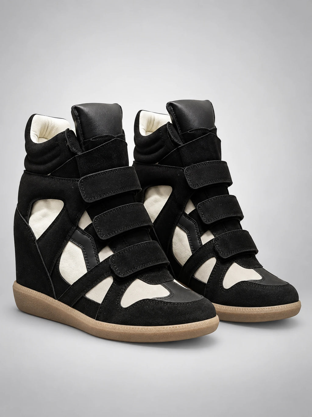 Women's Hidden-Wedge Sneaker Boots – Leather Platform in Black/White — back view