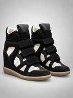 Women's Hidden-Wedge Sneaker Boots – Leather Platform in Black/White — back view