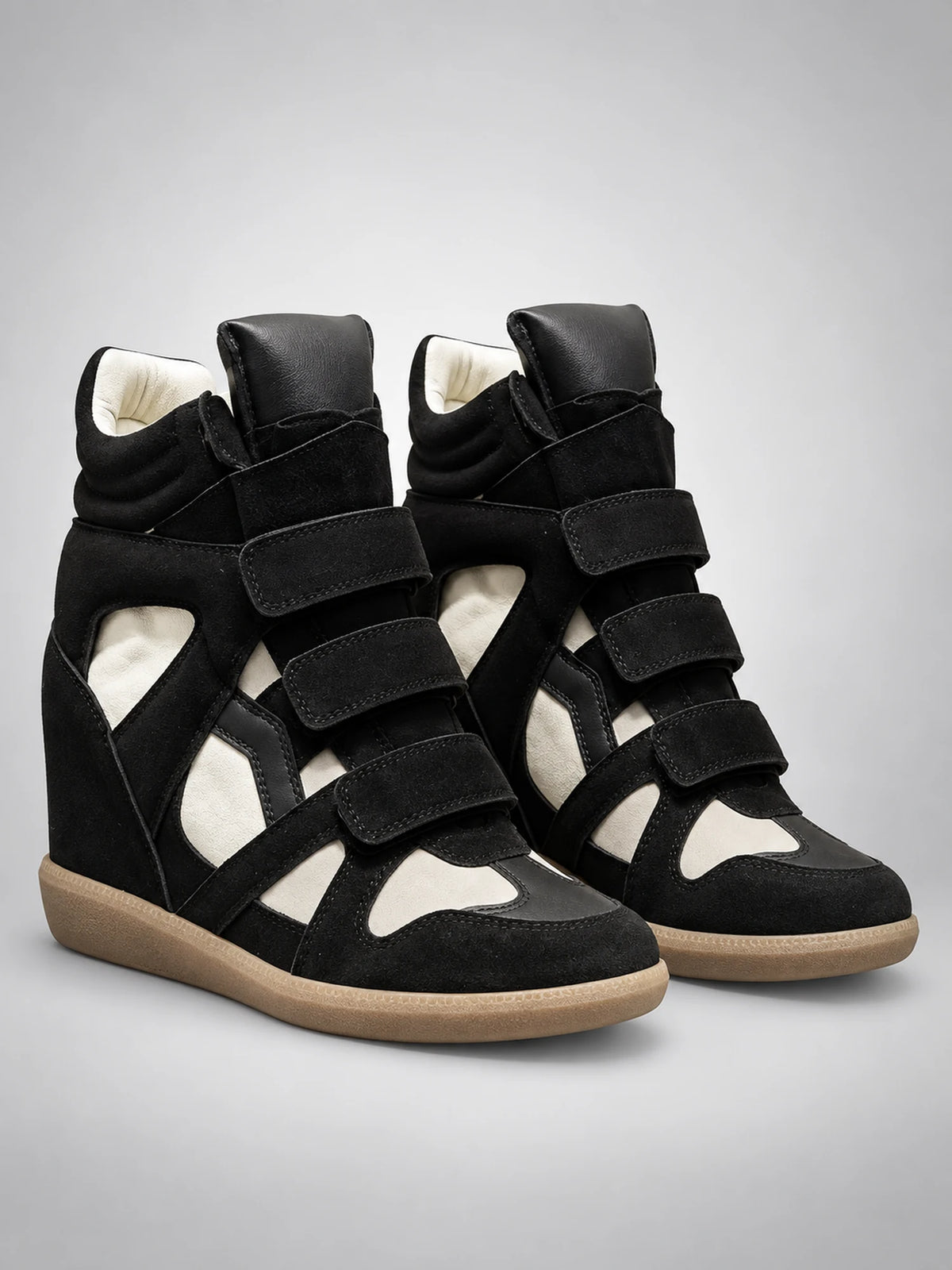 Women's Hidden-Wedge Sneaker Boots – Leather Platform in Black/White — back view
