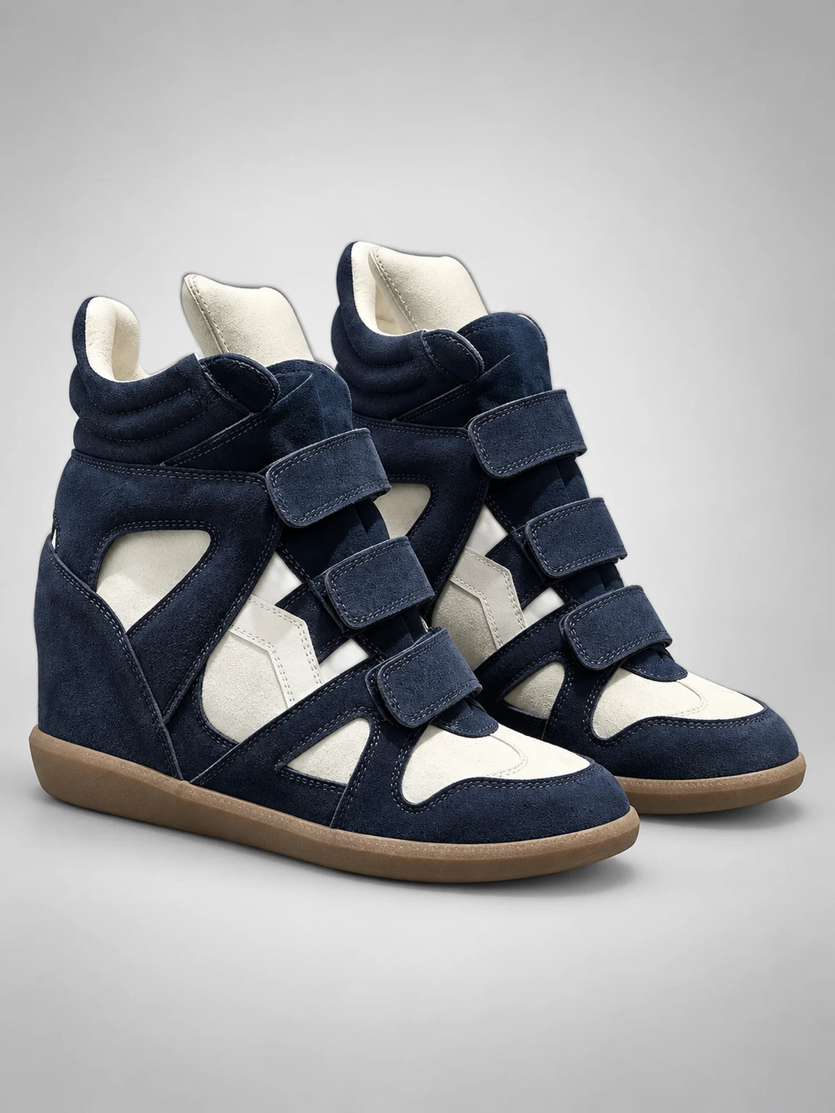Women's Hidden-Wedge Sneaker Boots – Leather Platform in Navy/White — back view