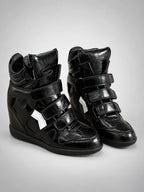 Women's Hidden-Wedge Sneaker Boots – Leather Platform in Patent Black — back view